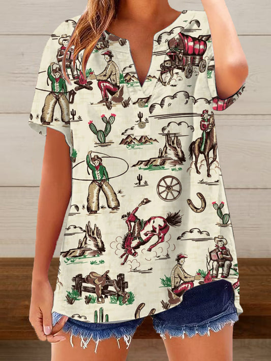 Camisa casual vintage de manga corta con estampado Western Cowboys para mujer