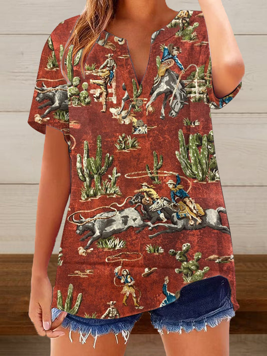 Camisa casual vintage de manga corta con estampado Western Cowboys para mujer