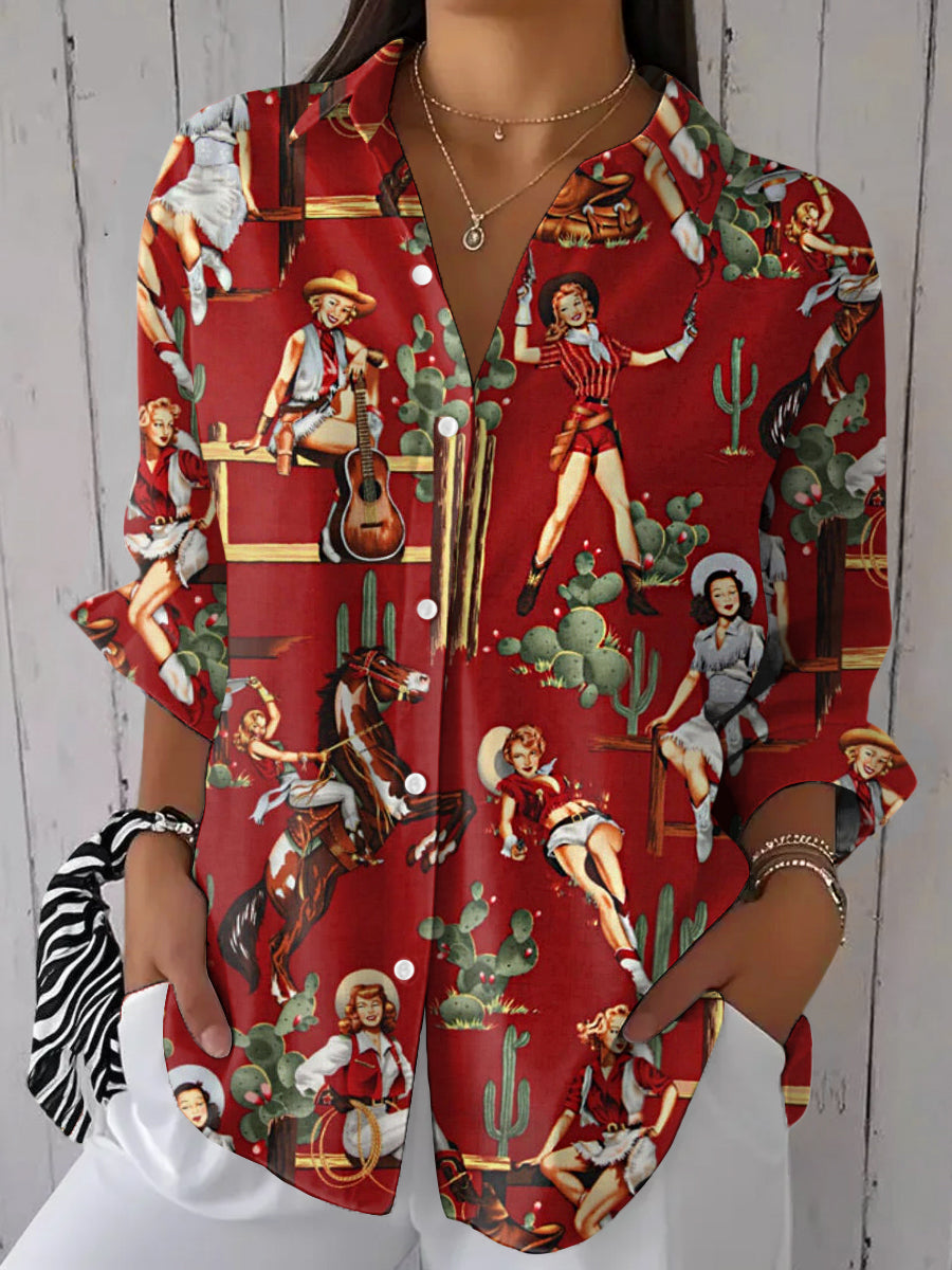 Camisa de manga larga casual con estampado vaquero occidental vintage para mujer