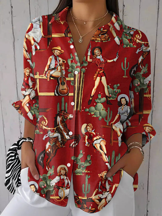 Camisa de manga larga casual con estampado vaquero occidental vintage para mujer
