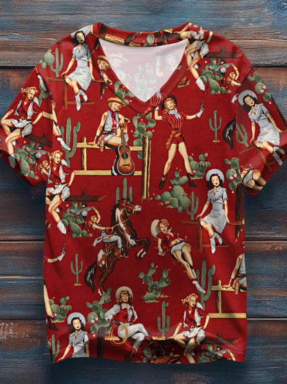 Mujer Vintage Western Cowgirls Imprimir Casual V-cuello Tee
