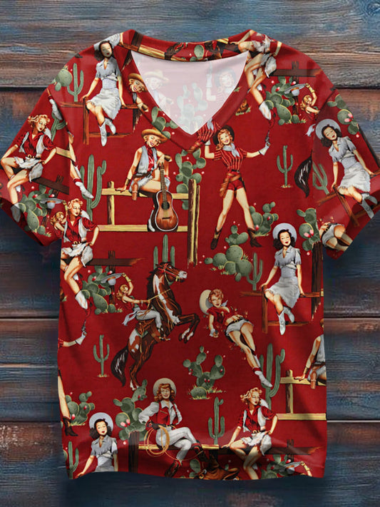Mujer Vintage Western Cowgirls Imprimir Casual V-cuello Tee