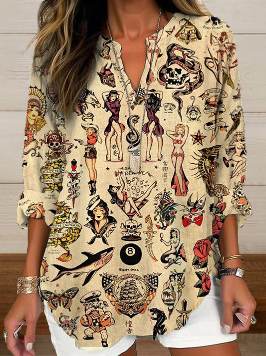 Camisa de manga larga casual con estampado vaquero occidental vintage para mujer
