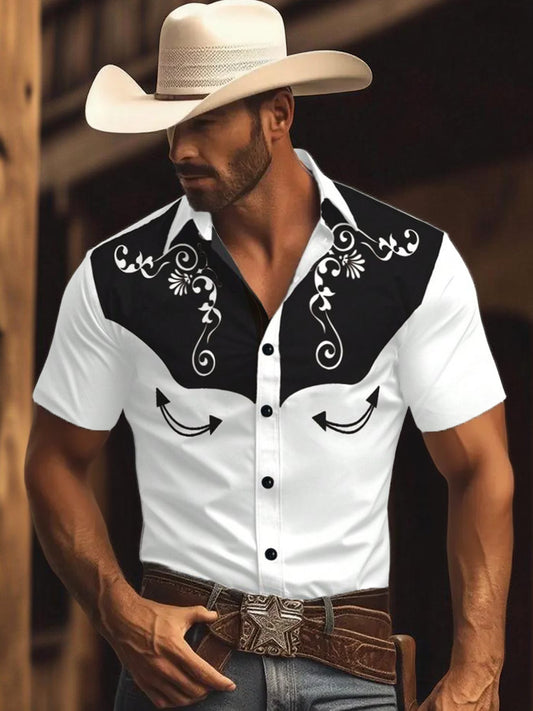 Camisa de manga corta casual con estampado de patrón occidental vintage para hombres