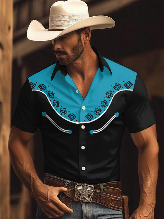 Camisa casual de manga corta con estampado azteca occidental vintage para hombre