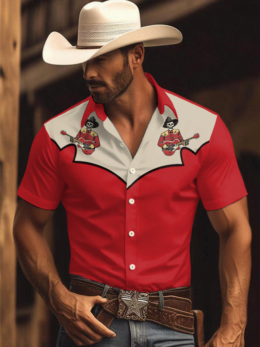 Hombre Vintage Western Skull Cowboy Play Guitar Print Casual Camisa de manga corta