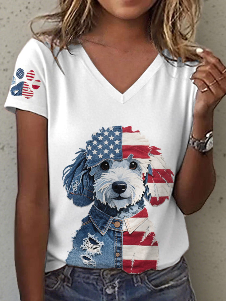 Día de la Independencia de las mujeres Perro Patrón Patchwork Art V-cuello camiseta