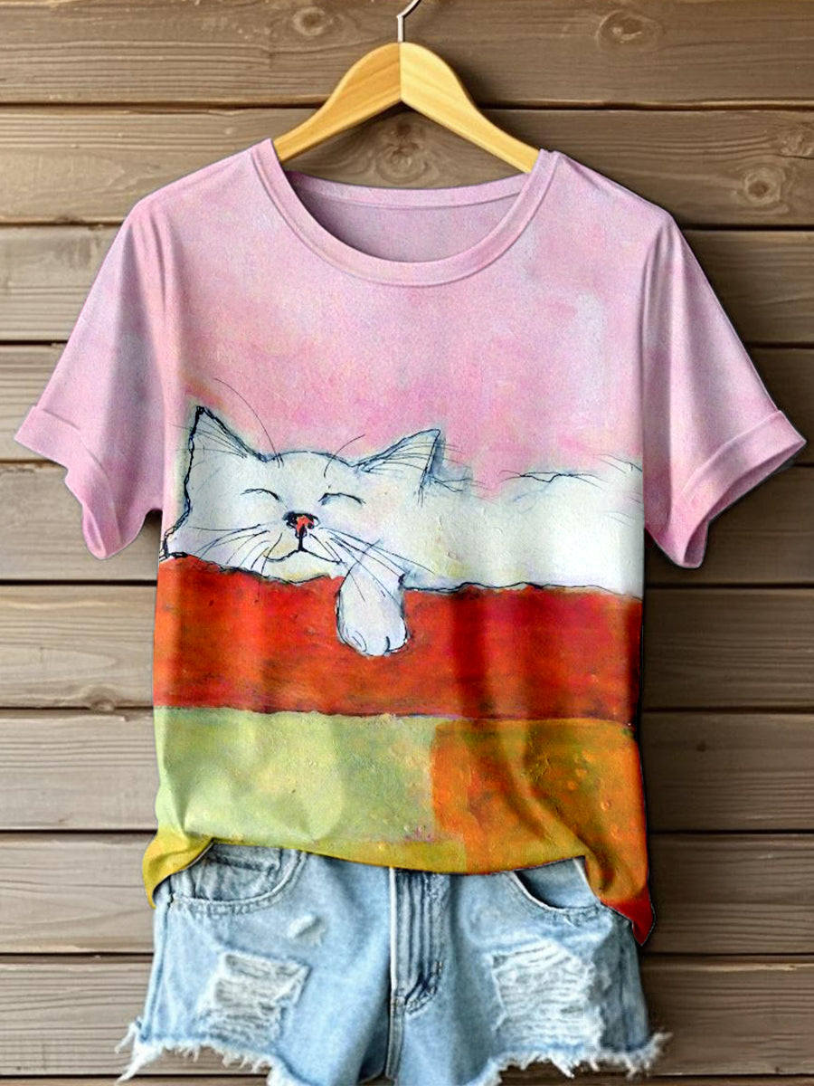 Camiseta de manga corta con estampado de gato de arte de pintura al óleo para mujer