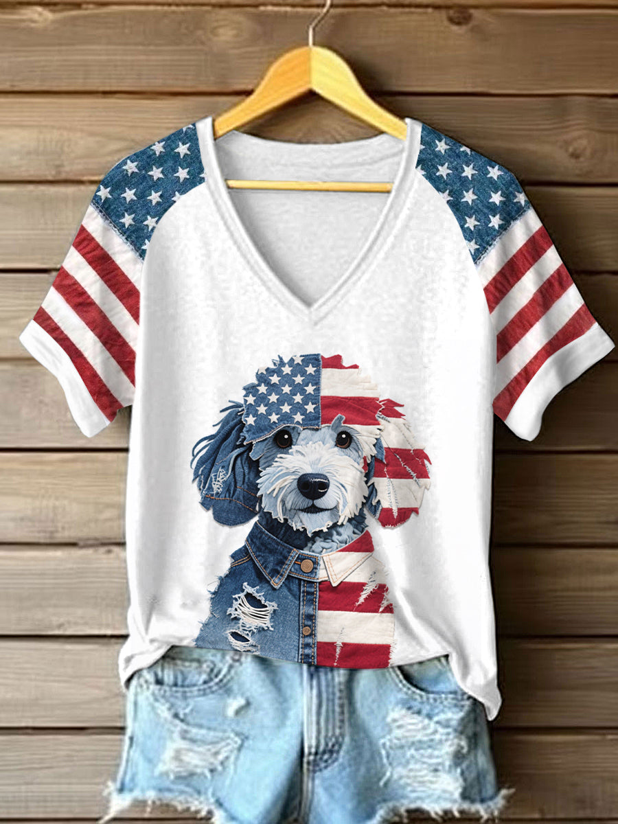 Camiseta del arte del remiendo del patrón del perro del día de la independencia de las mujeres