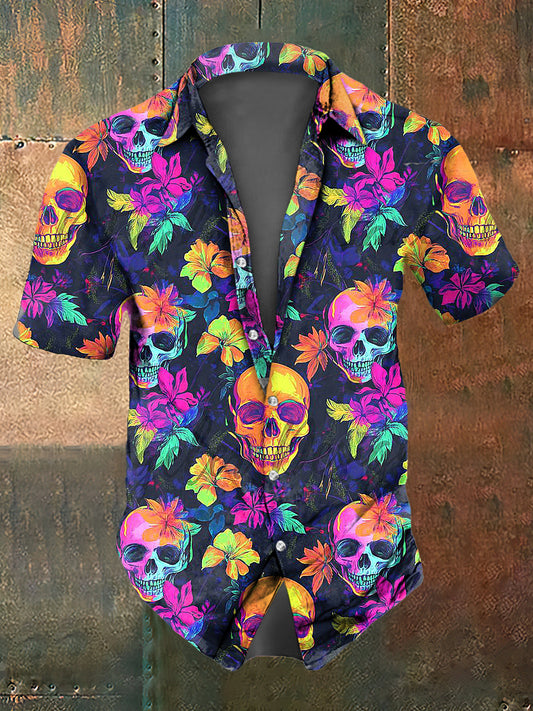 Camisa de manga corta casual con estampado de cráneo de color para hombre