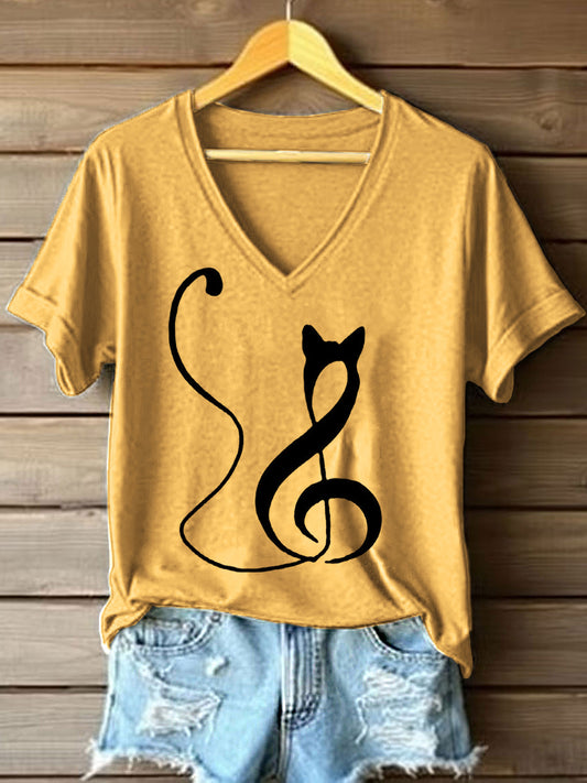 Music Note Inspired Cat Print Camiseta cuello en V para mujer