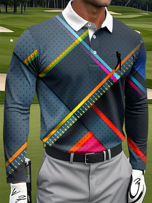 Polo de manga larga de negocios casual con estampado artístico a cuadros colorido retro de los hombres