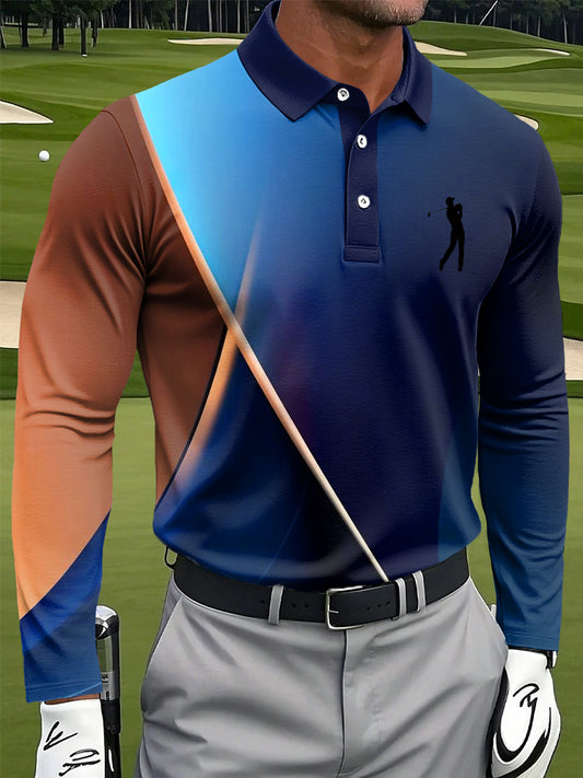 Polo de manga larga casual de negocios de impresión de rayas de gradiente colorido retro de los hombres