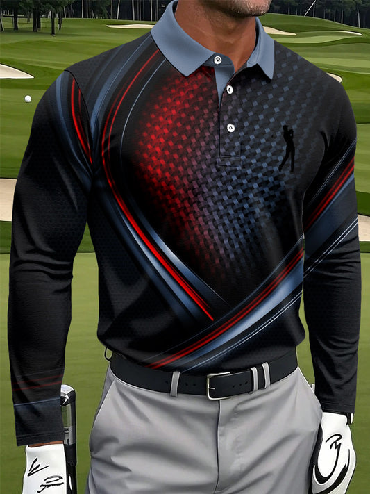 Polo de manga larga de negocios informal con estampado de rayas geométricas abstractas artísticas para hombres
