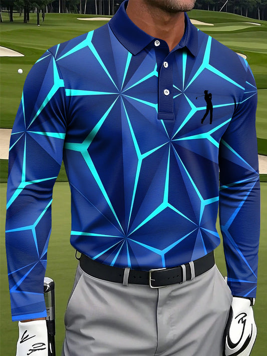 Polo de manga larga de negocios informal de impresión geométrica irregular retro de los hombres