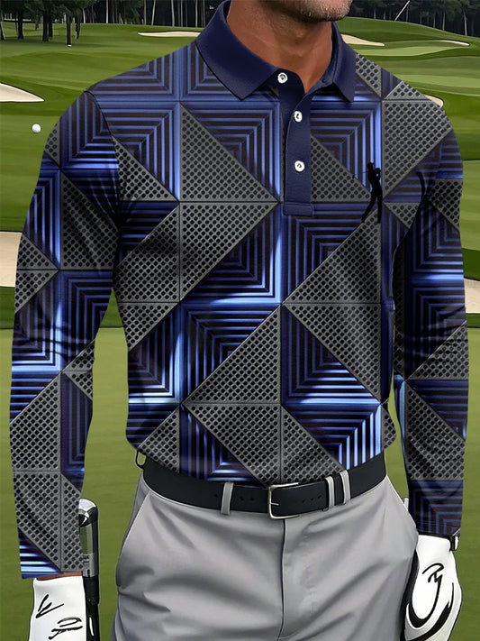 Polo de manga larga casual de negocios de impresión geométrica simétrica retro de los hombres