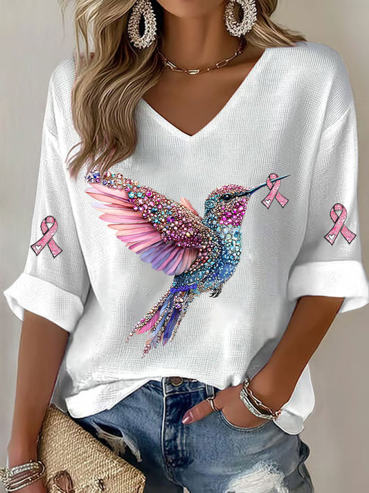 Camiseta casual con estampado Hummingbird de cáncer de mama para mujer