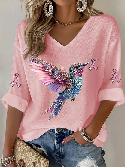 Camiseta casual con estampado Hummingbird de cáncer de mama para mujer