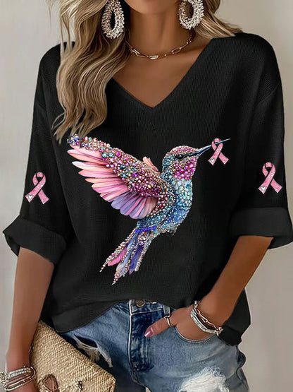 Camiseta casual con estampado Hummingbird de cáncer de mama para mujer