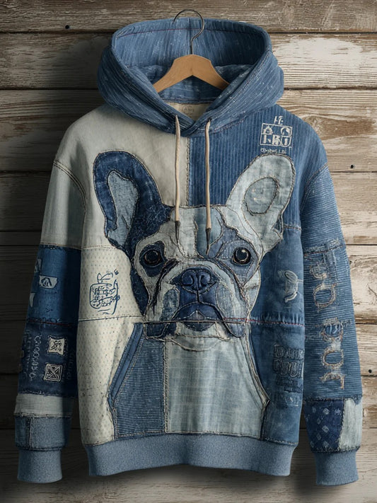 Denim Dog Print Art Casual Sudadera con capucha