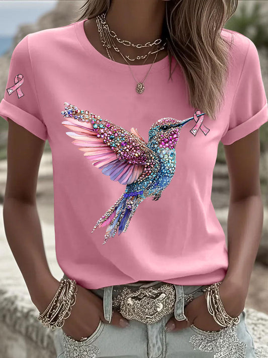 Camiseta casual con estampado de cinta rosa para mujer