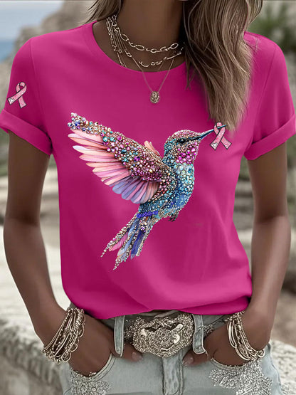 Camiseta casual con estampado de cinta rosa para mujer