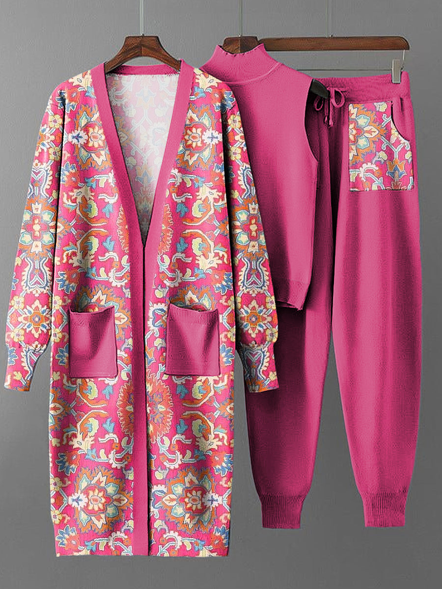 Conjunto de tres piezas de punto de abrigo largo floral étnico vintage para mujer