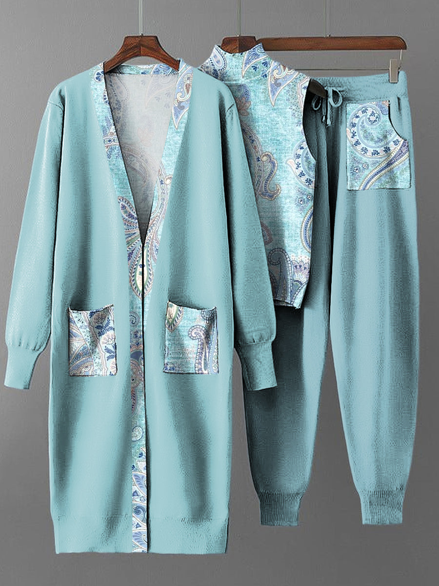 Conjunto de tres piezas de punto de abrigo largo floral de Paisley de la vendimia de las mujeres