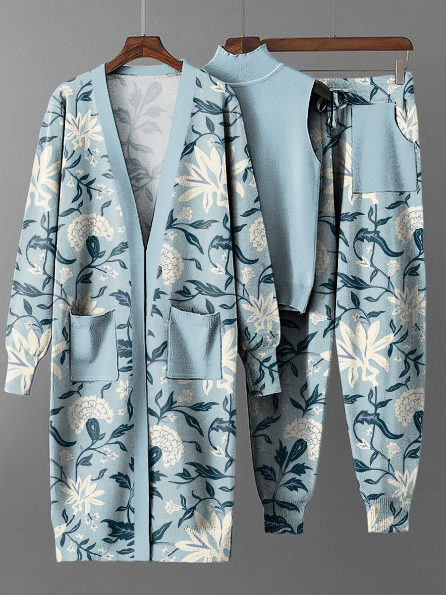 Conjunto de tres piezas de punto de abrigo largo floral vintage para mujer