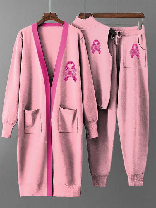 Conjunto de tres piezas de punto de abrigo largo de cinta rosa vintage para mujer