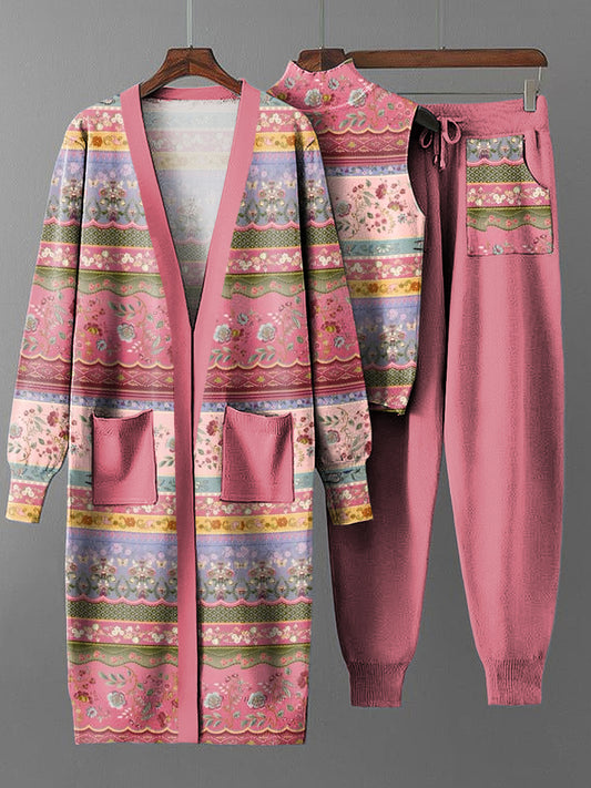 Conjunto de tres piezas de punto de abrigo largo floral rosa vintage para mujer