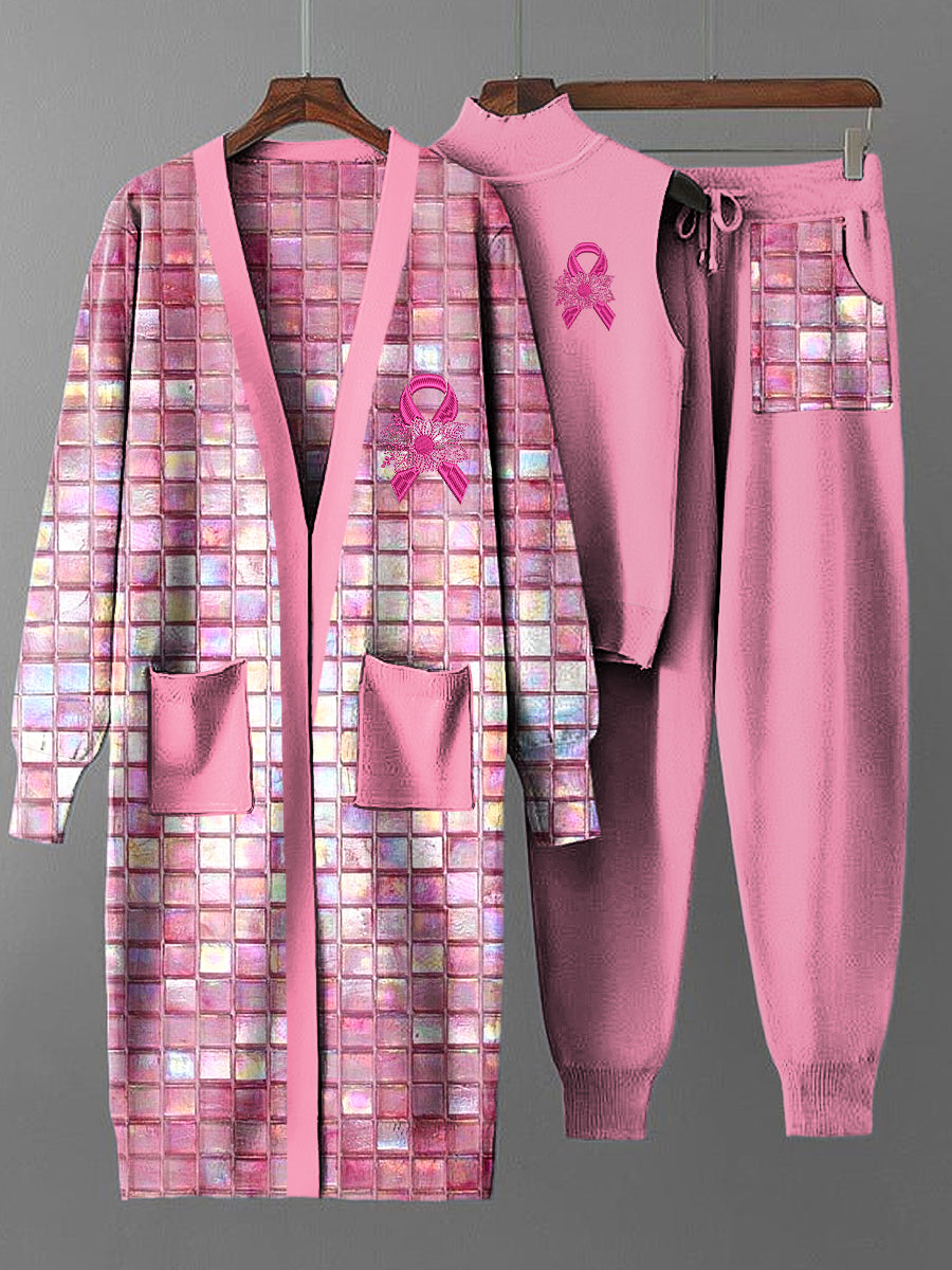 Conjunto de tres piezas de punto de abrigo largo de cinta de cáncer de mama vintage para mujer
