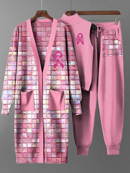 Conjunto de tres piezas de punto de abrigo largo de cinta de cáncer de mama vintage para mujer