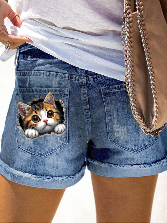 Pantalones cortos de mezclilla con estampado de gato de dibujos animados para mujer