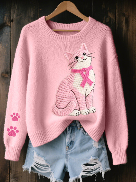 Encantador Gato Crochet Patrón Cozy Knit Sweater de mujer