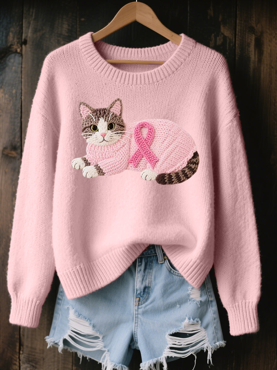 Suéter de punto acogedor bordado gato encantador de las mujeres