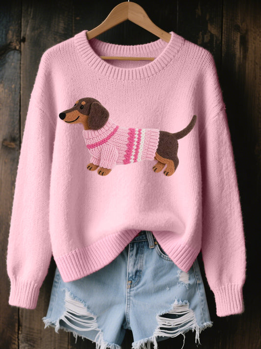 Encantador de las mujeres Dachshund Felt Patrón Cozy Knit Sweater