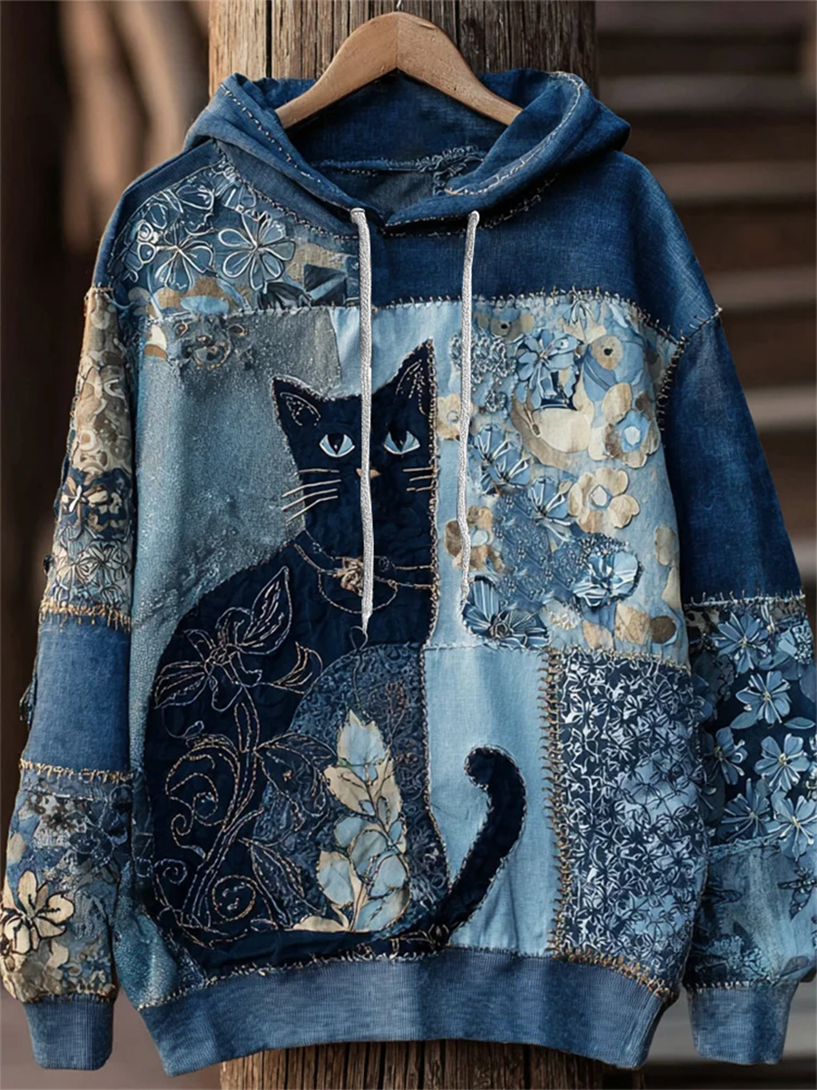 Sudadera con capucha de bolsillo casual con estampado artístico de gato para mujer