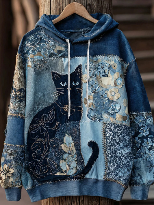 Sudadera con capucha de bolsillo casual con estampado artístico de gato para mujer
