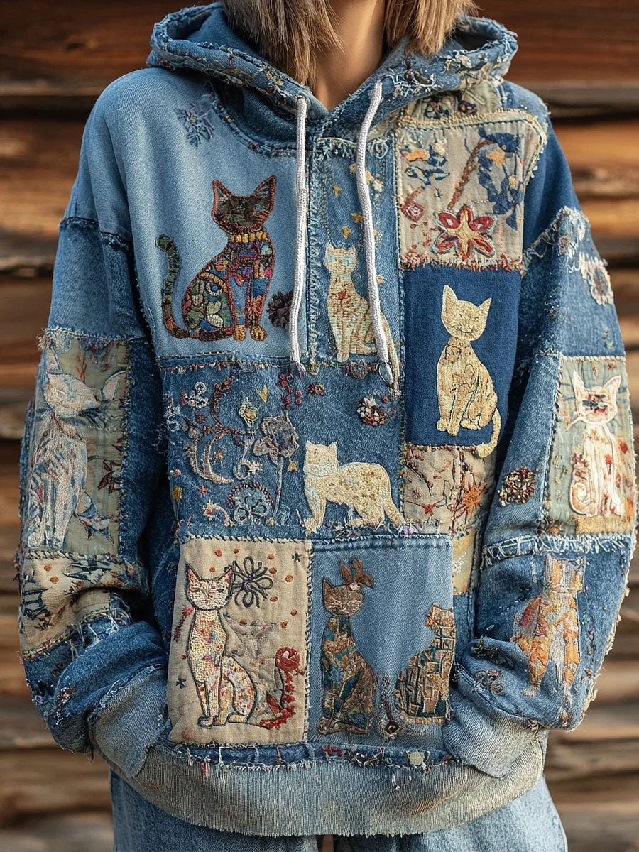Sudadera con capucha de bolsillo casual con estampado artístico de gato para mujer