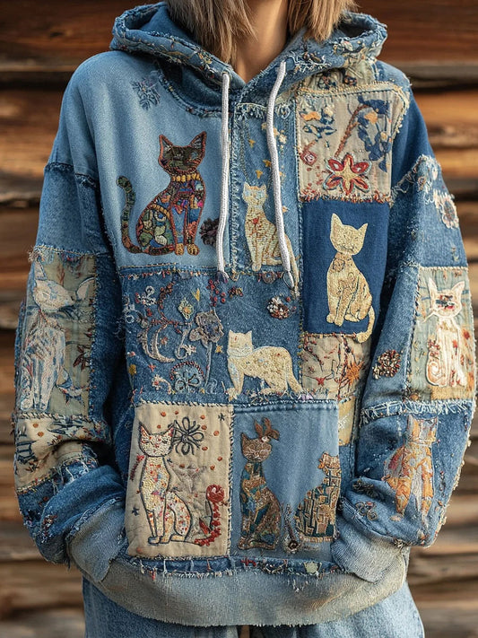 Sudadera con capucha de bolsillo casual con estampado artístico de gato para mujer