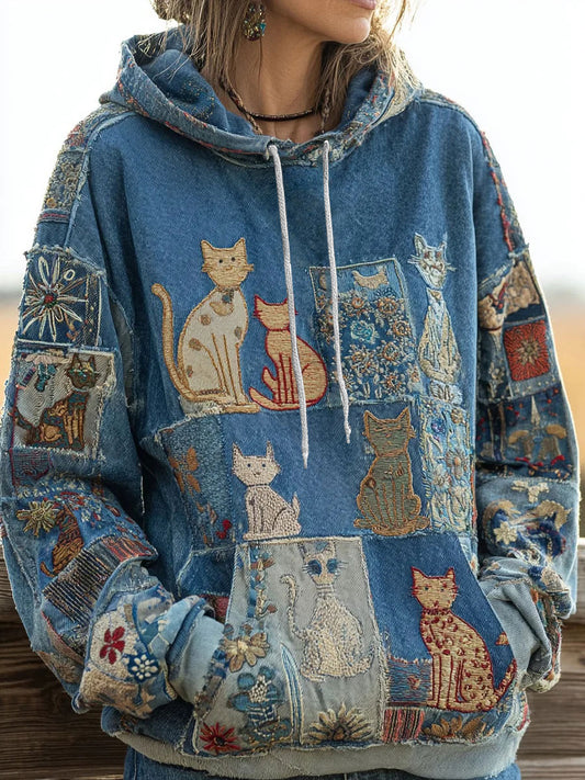 Sudadera con capucha de bolsillo casual con estampado artístico de gato para mujer