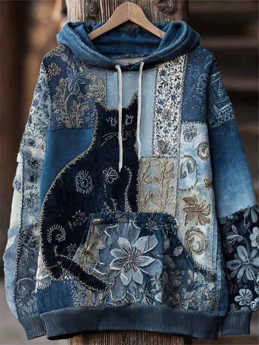 Sudadera con capucha de bolsillo casual con estampado artístico de gato para mujer