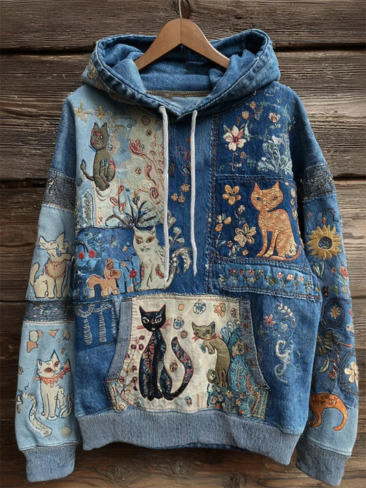 Sudadera con capucha de bolsillo casual con estampado artístico de gato para mujer