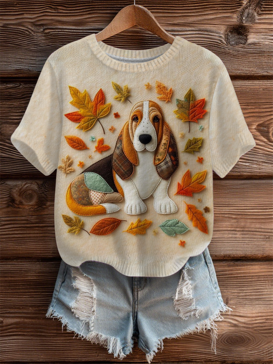 Mujer Vintage Otoño Caído Patchwork Perro Imprimir Art Cozy Knit Top