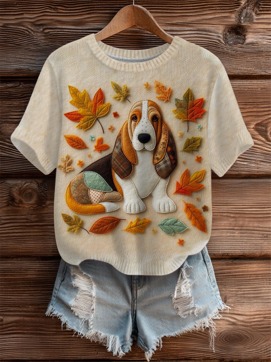 Mujer Vintage Otoño Caído Patchwork Perro Imprimir Art Cozy Knit Top