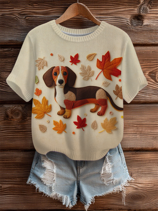 Mujer Vintage Otoño Caído Patchwork Perro Imprimir Art Cozy Knit Top