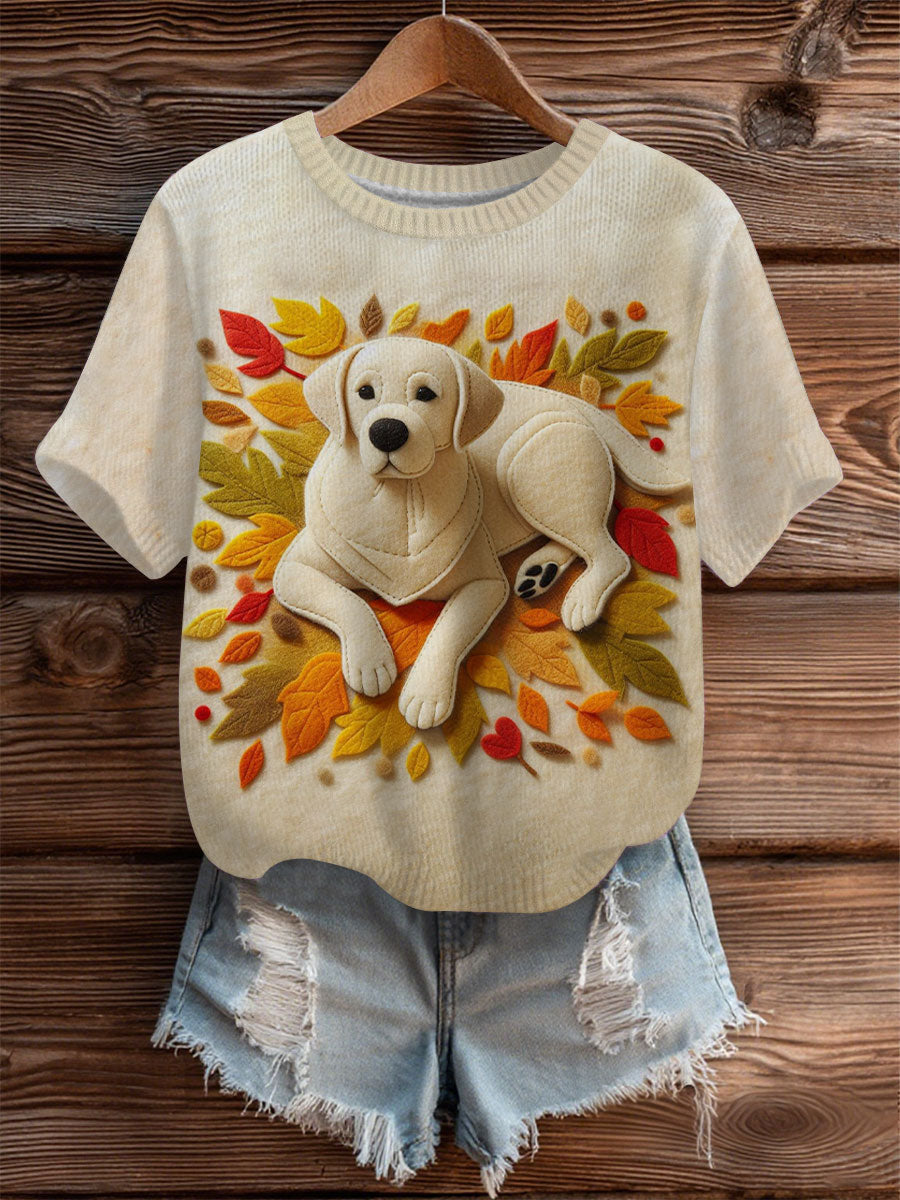 Mujer Vintage Otoño Caído Patchwork Perro Imprimir Art Cozy Knit Top