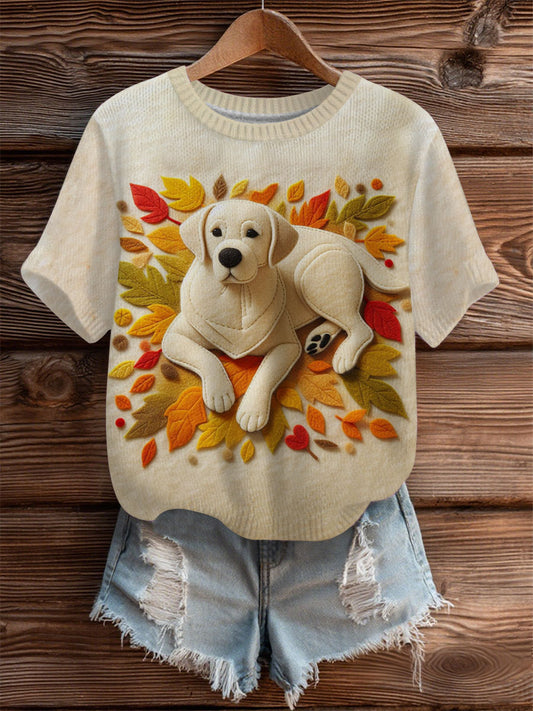 Mujer Vintage Otoño Caído Patchwork Perro Imprimir Art Cozy Knit Top