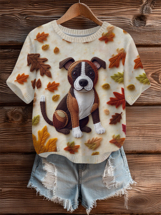 Mujer Vintage Otoño Caído Patchwork Perro Imprimir Art Cozy Knit Top
